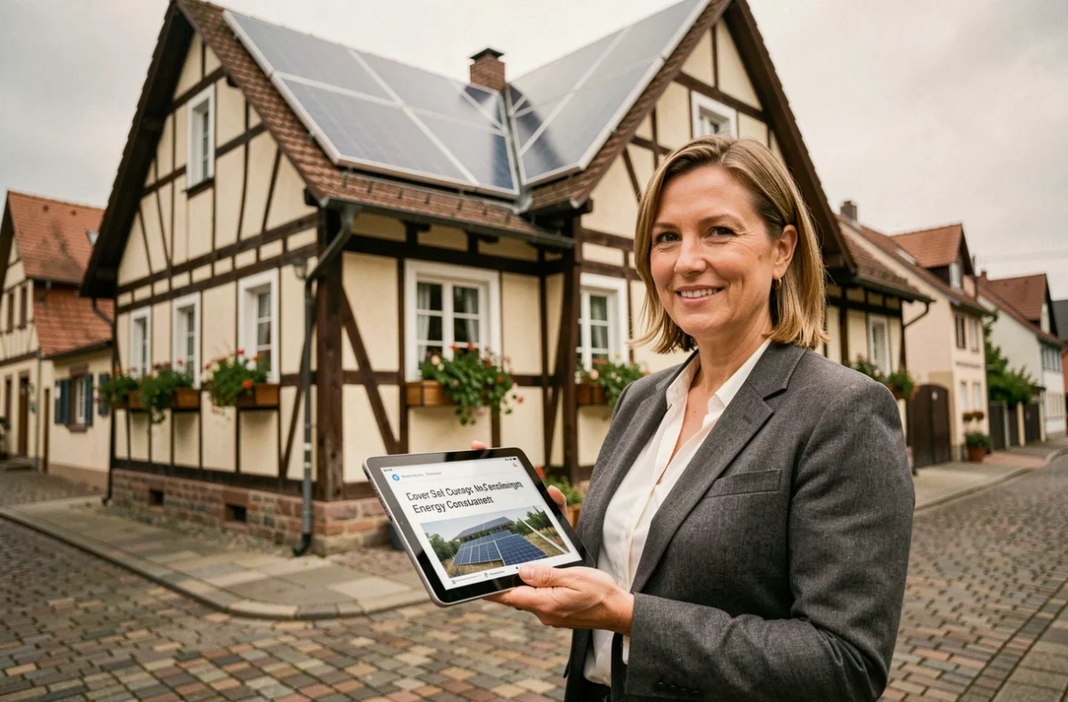 Conseillère en énergie solaire devant une maison alsacienne équipée de panneaux photovoltaïques à Strasbourg