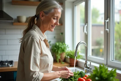 Femme laissant couler l'eau du robinet en faisant la vaisselle, erreur courante de consommation d'eau à la maison