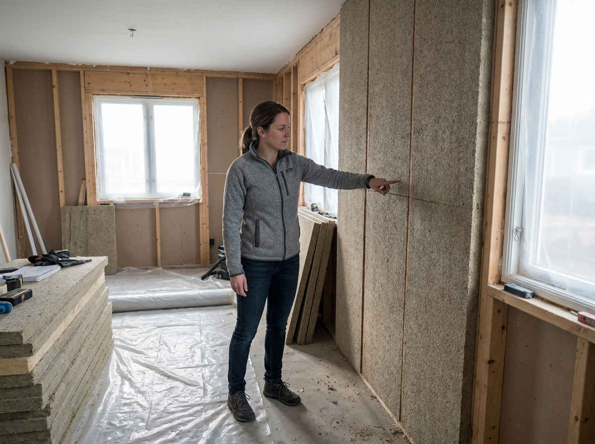Consultante en rénovation présentant des panneaux isolants composites fixés sur un mur intérieur