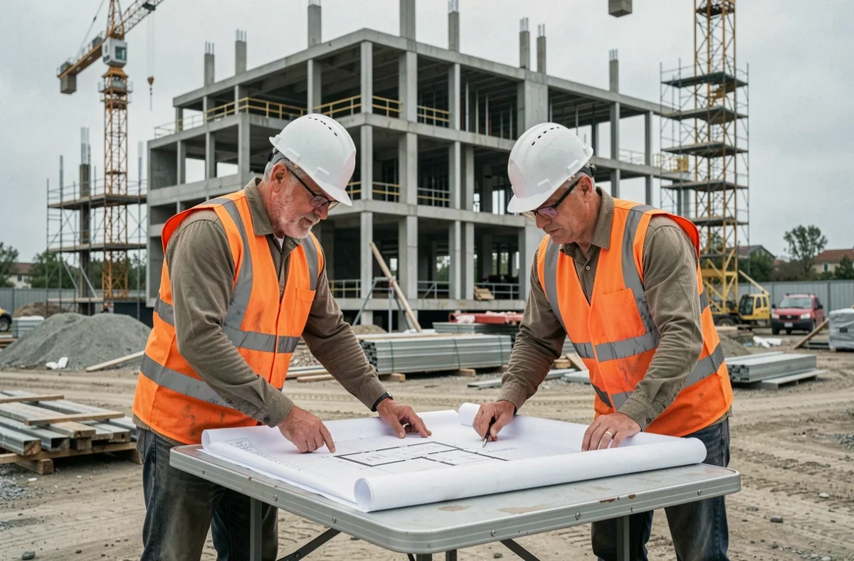 Équipe Coorpibat en réunion de chantier devant un bâtiment en cours de rénovation en Charente
