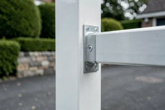 Cornière en aluminium fixée à l'angle d'un portail blanc, détail de la jonction structurelle avec visserie apparente