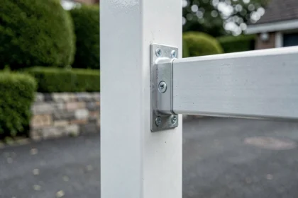 Cornière en aluminium fixée à l'angle d'un portail blanc, détail de la jonction structurelle avec visserie apparente