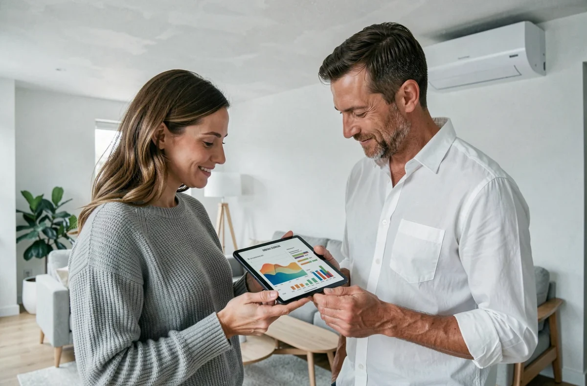 Couple comparant les coûts d'une pompe à chaleur réversible sur une tablette dans leur salon