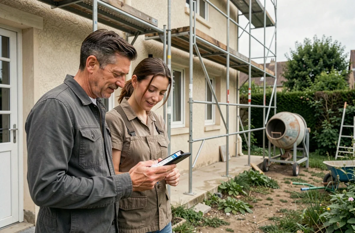 Couple comparant des devis de travaux en ligne sur smartphone devant leur maison en rénovation