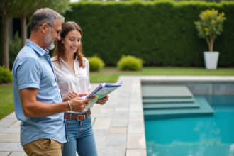 Couple discutant autour d'une piscine moderne en été
