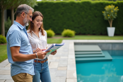 Couple discutant autour d'une piscine moderne en été