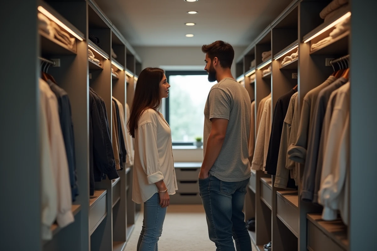 Couple organisant leur dressing partagé avec rangements modulaires sur mesure