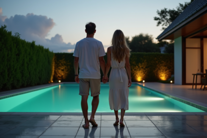 Couple marche au bord de la piscine au crépuscule