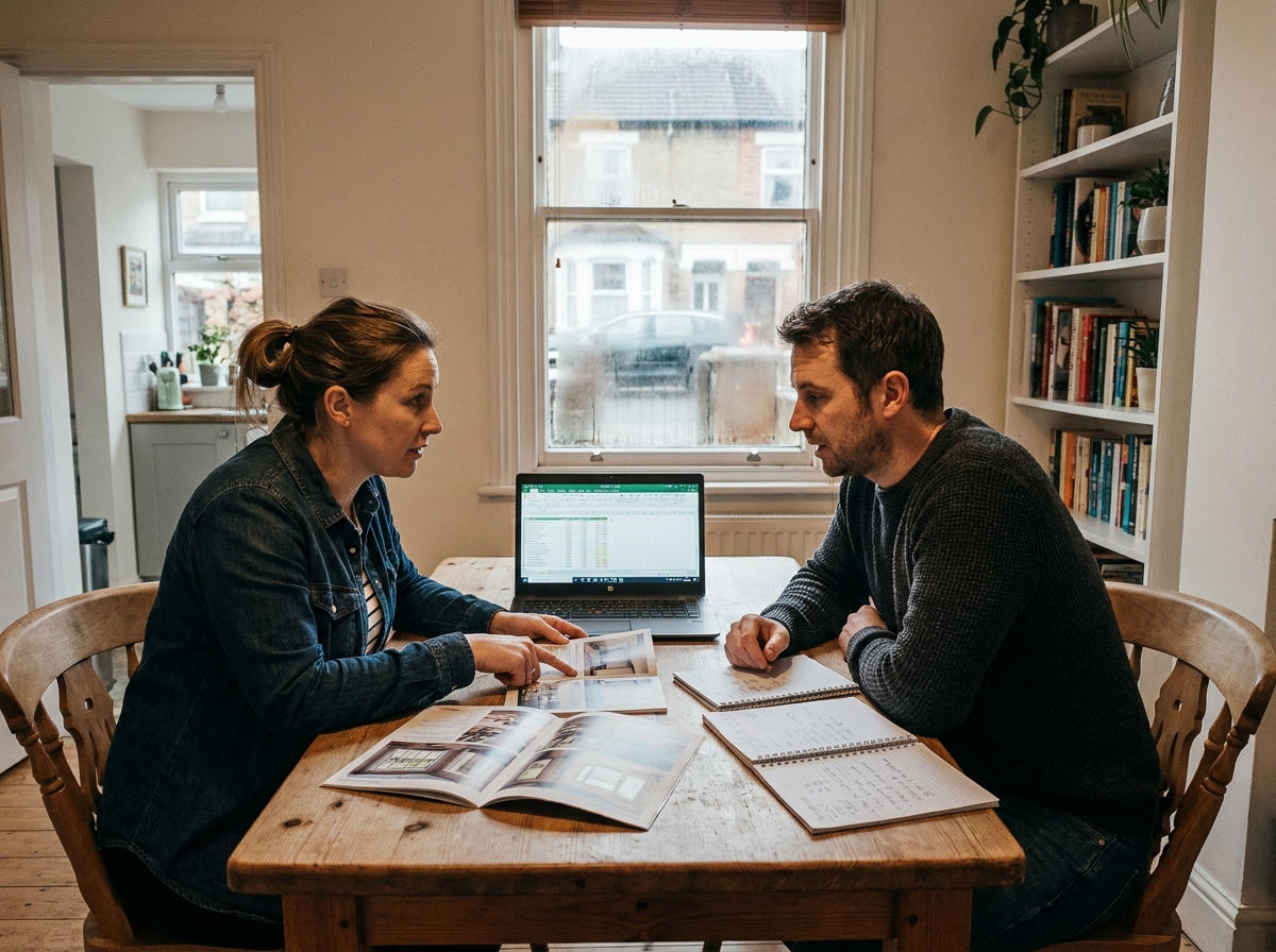Couple planifiant le remplacement de leurs fenêtres autour d'un budget sur ordinateur portable