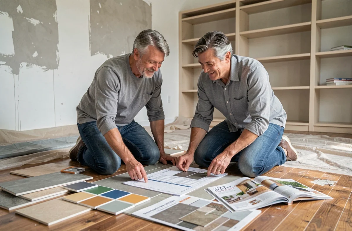 Couple planifiant ensemble leur rénovation entouré d'échantillons de matériaux et d'un magazine de bricolage dans un salon en travaux