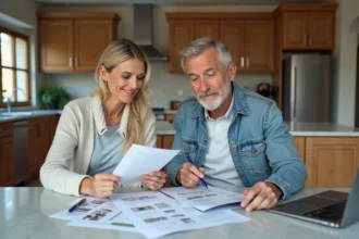 Couple de middleaged en cuisine examinant des devis