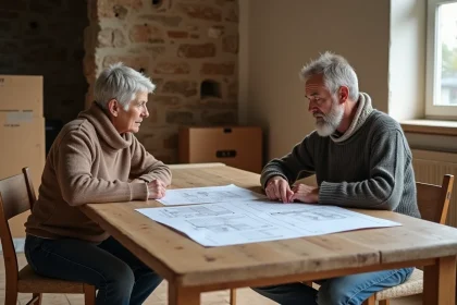 Couple d'âge moyen revoyant des plans de rénovation dans un salon lumineux