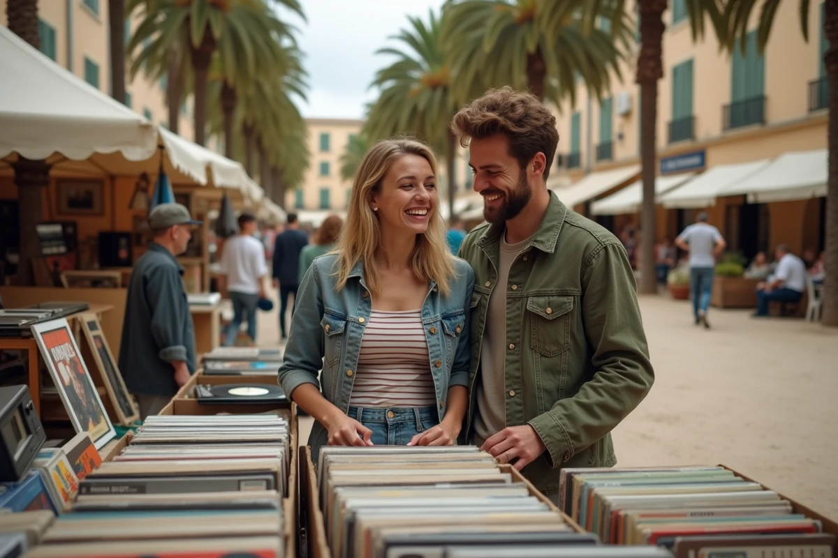 Jeune couple souriant en train de fouiller des disques vinyles anciens sur un vide grenier ensoleillé à Montpellier
