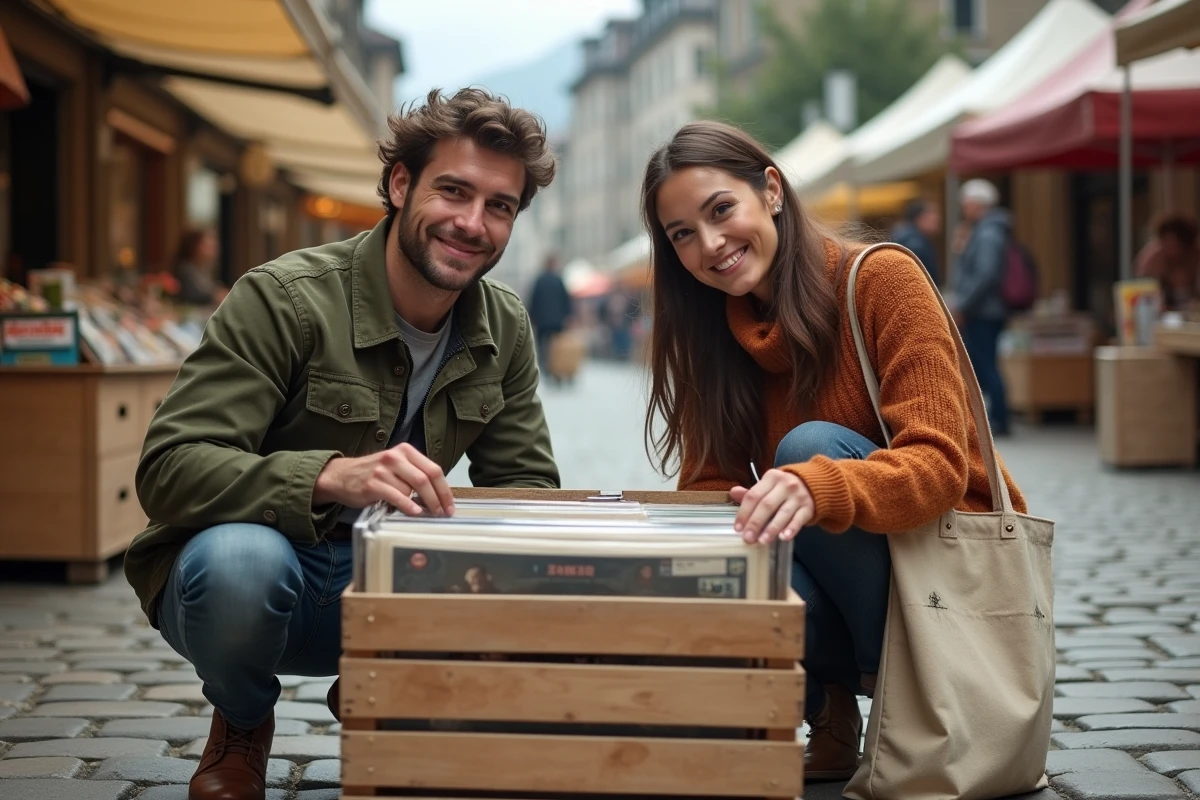 Couple souriant découvrant des disques vinyles lors d'un vide grenier près du lac d'Annecy par une journée calme