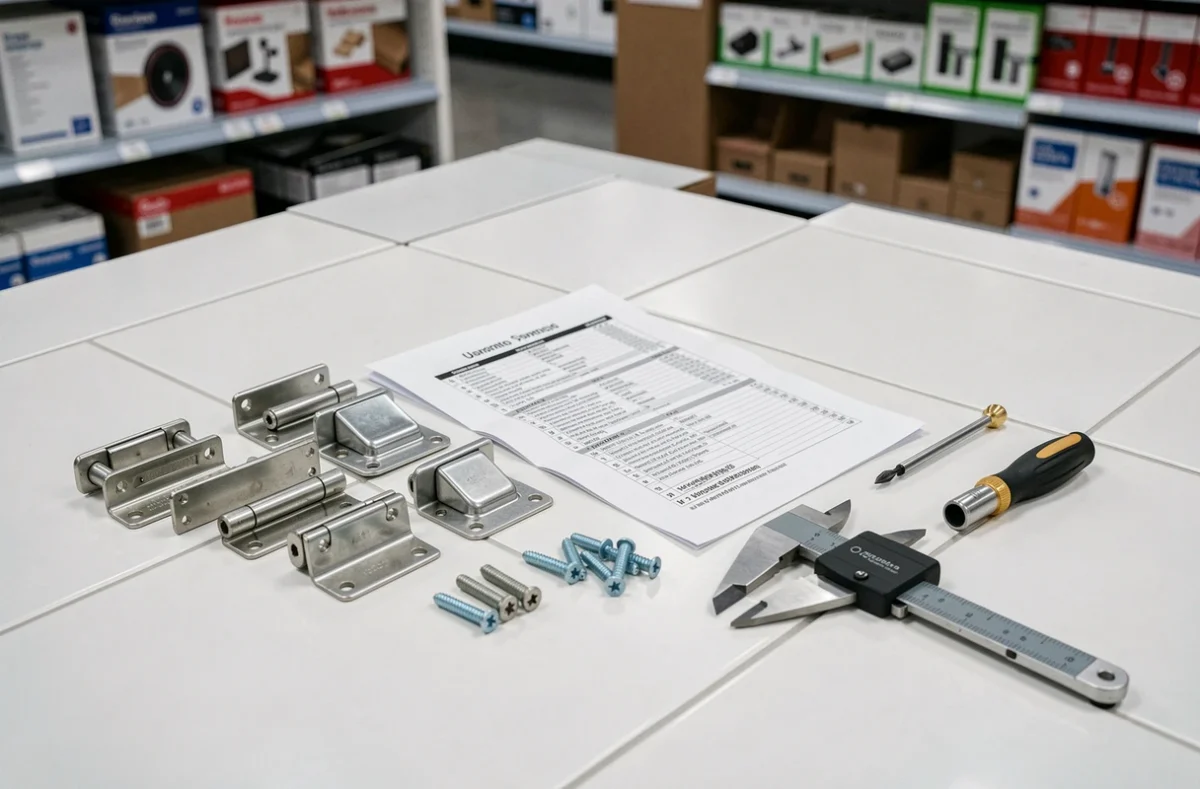 Assortiment de gonds pour porte intérieure avec vis, fiche technique et pied à coulisse pour vérifier les critères d'achat