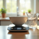 Balance de cuisine affichant 300 grammes avec bol et verre doseur