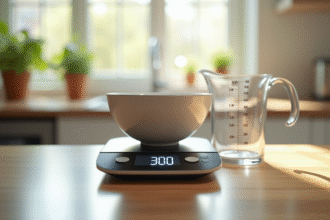 Balance de cuisine affichant 300 grammes avec bol et verre doseur