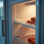 Scène de cuisine avec un congélateur entrouvert et nourriture en dégel