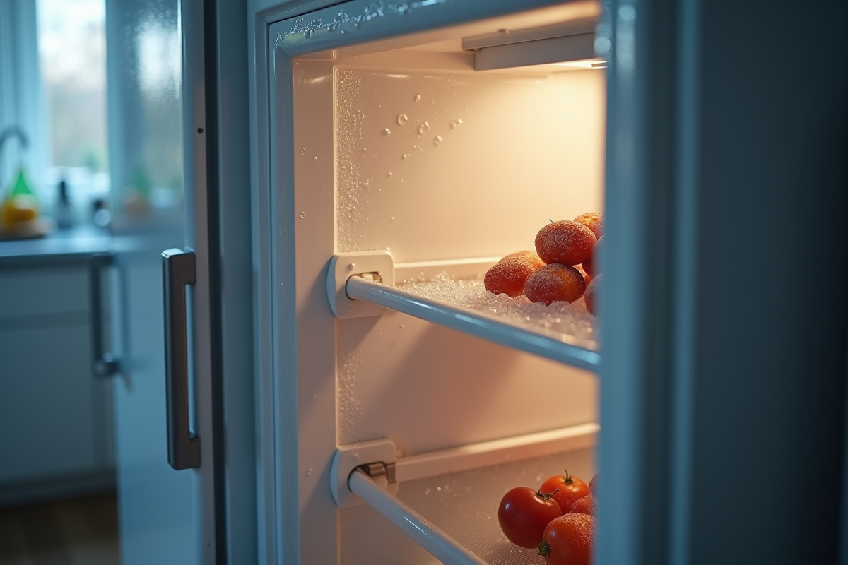 Scène de cuisine avec un congélateur entrouvert et nourriture en dégel