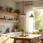 Cuisine moderne avec étagères en bois et herbes fraîches