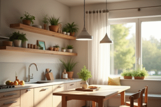 Cuisine moderne avec étagères en bois et herbes fraîches