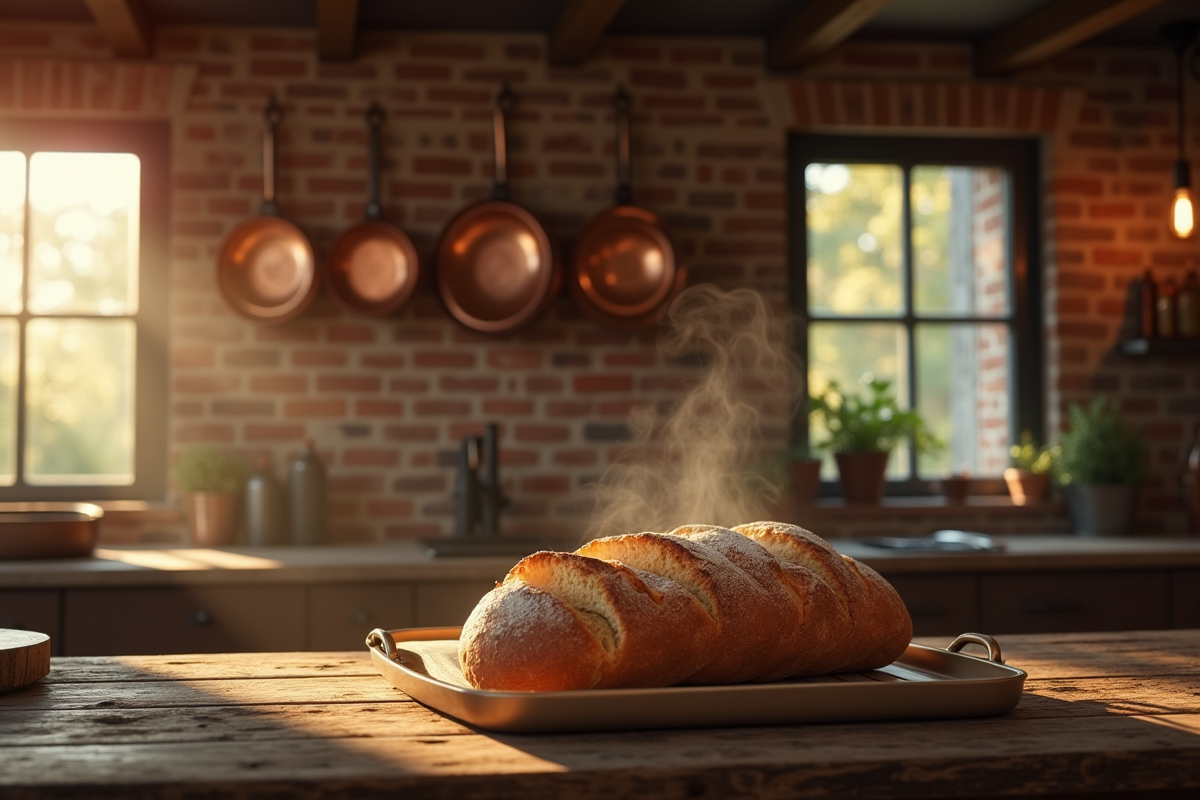 Cuisine rustique avec murs en briques et pain chaud
