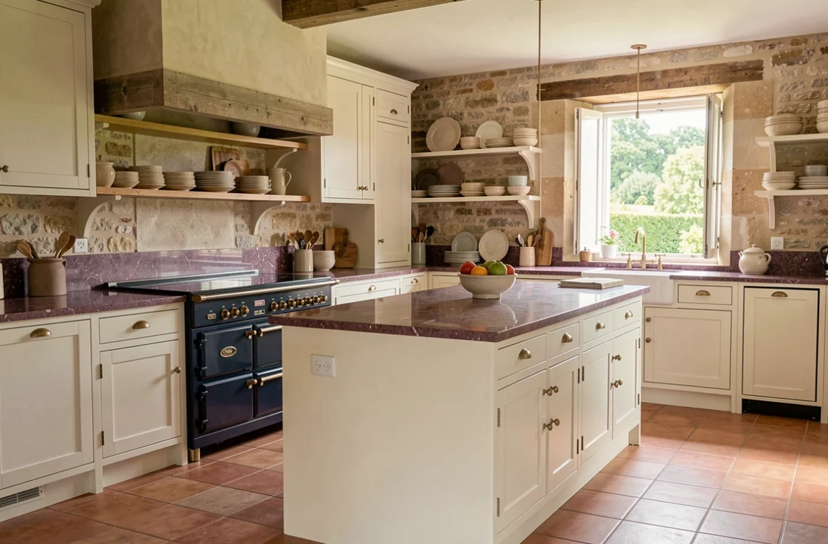 Cuisine rénovée sur mesure dans une ferme tourangelle avec îlot central en pierre et mobilier artisanal en Indre-et-Loire