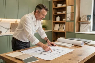 Cuisiniste professionnel en Indre-et-Loire présentant des plans de cuisine dans un showroom moderne avec échantillons de matériaux