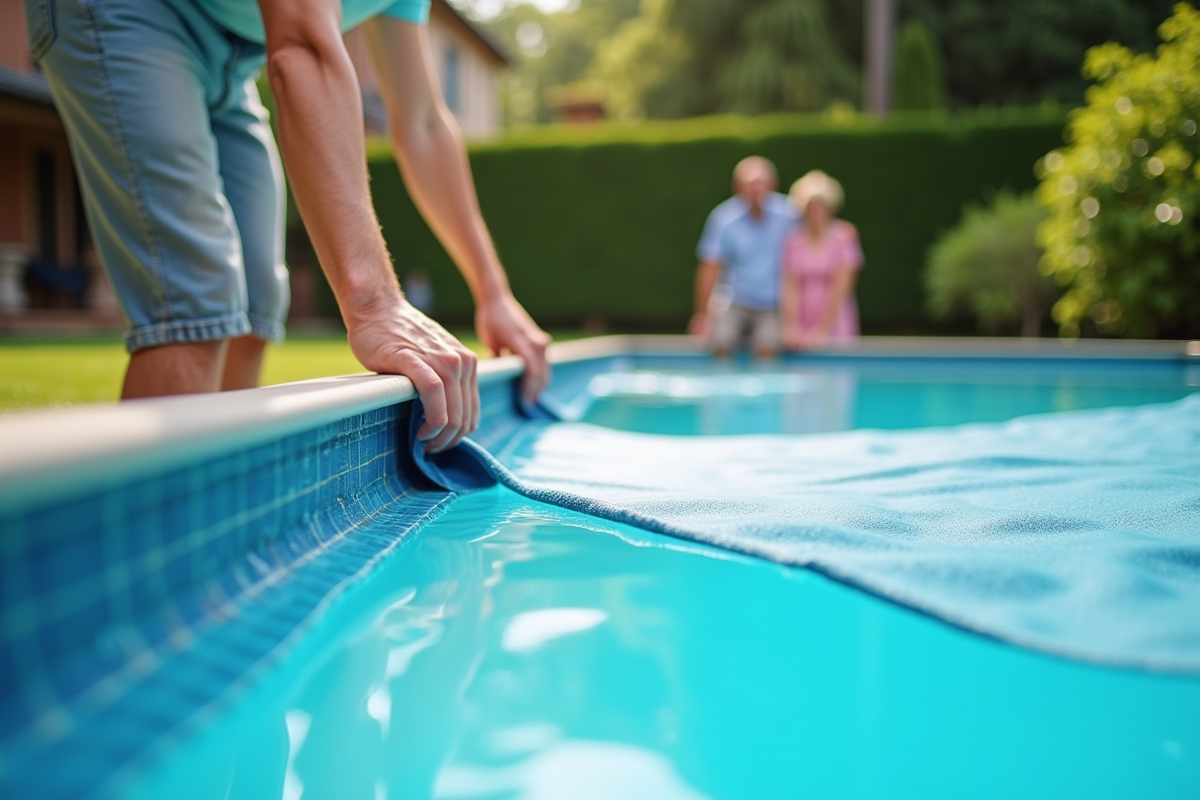 Personne en train d enlever la couverture de la piscine ensoleillee