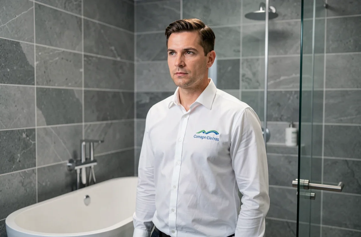 David Gaillard SASU présentant une salle de bain entièrement rénovée avec carrelage ardoise et équipements modernes