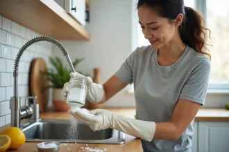 Femme versant du bicarbonate de soude dans le siphon d'un évier de cuisine pour déboucher la canalisation