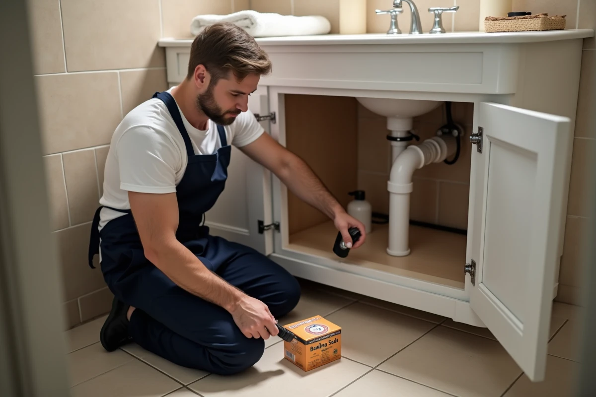Homme inspectant le siphon sous un lavabo de salle de bain avec du bicarbonate et du vinaigre blanc posés au sol