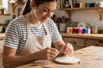 Jeune femme débutante en broderie tenant un tambour avec aiguille et fil coloré sur une table en bois rustique