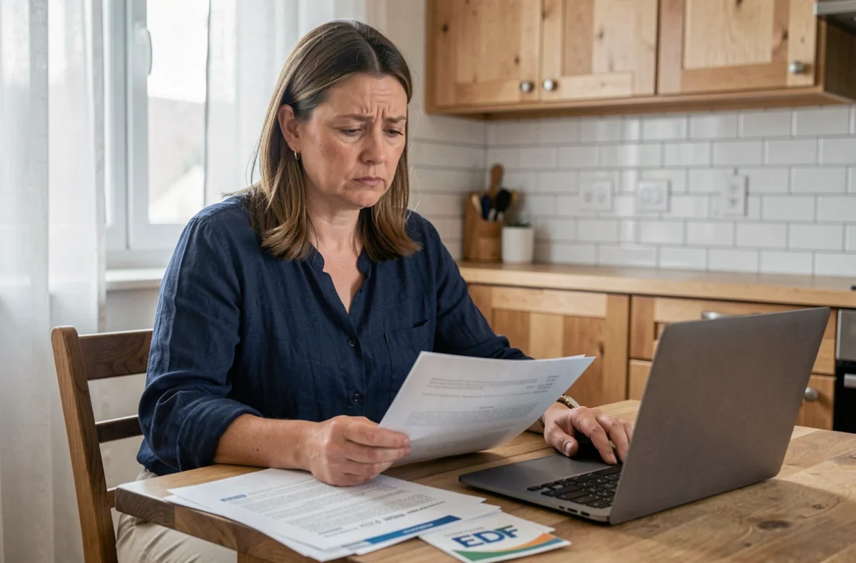 Femme consultant des documents administratifs sur la déclaration d'un panneau solaire plug and play auprès d'EDF