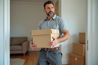 Déménageur professionnel portant une boîte dans un appartement moderne