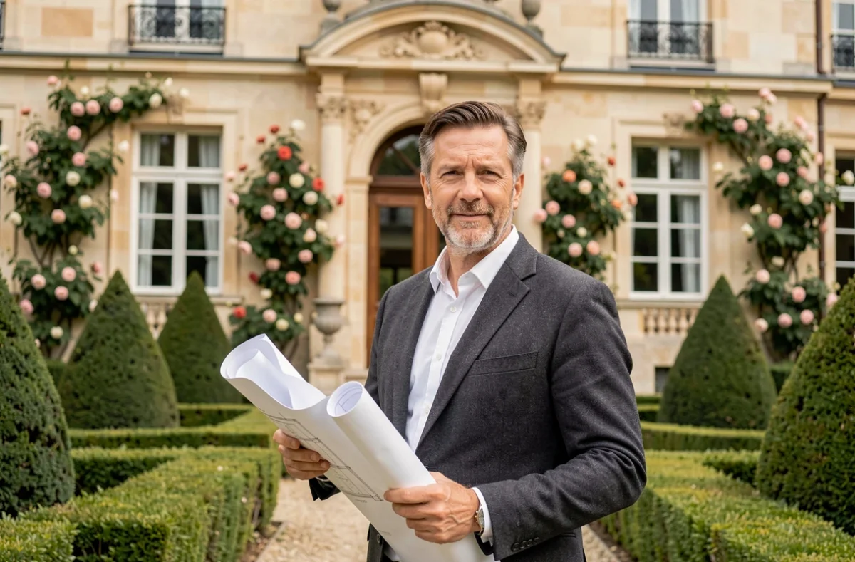 Architecte de Demeures et Prestige Charentais devant un manoir charentais rénové avec soin