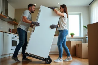 Homme et femme déplaçant un grand frigo dans un appartement