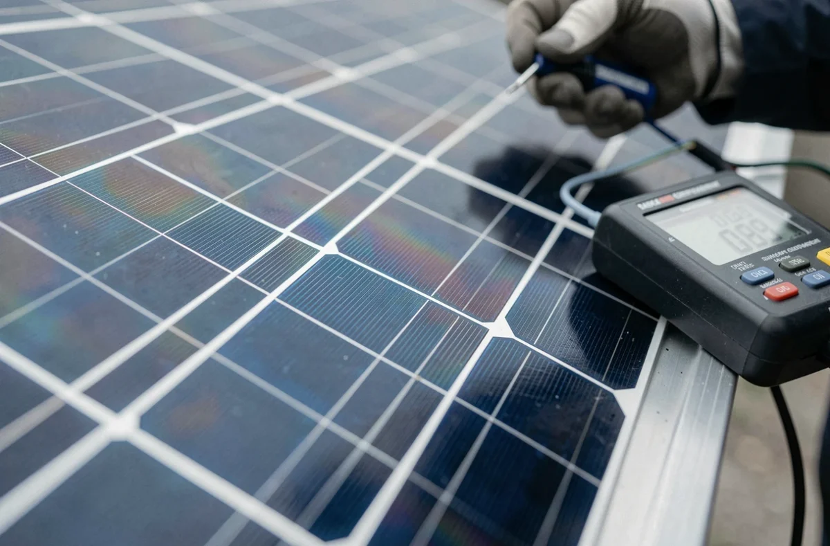 Gros plan sur les cellules d'un panneau solaire monocristallin avec mesure de puissance en watts