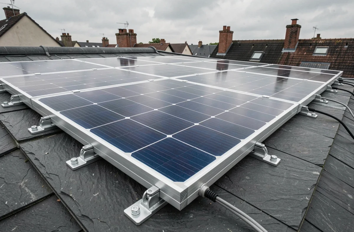 Détail de panneaux solaires monocristallins installés sur un toit en ardoise grise dans un quartier résidentiel de Strasbourg