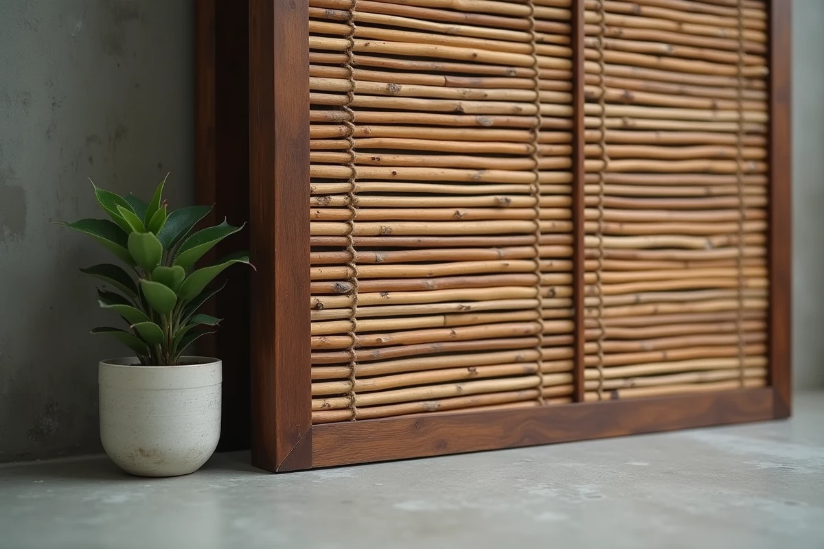 Détail de l'assemblage en bambou et noyer d'une séparation japandi avec pot en céramique et plante snake plant sur sol béton