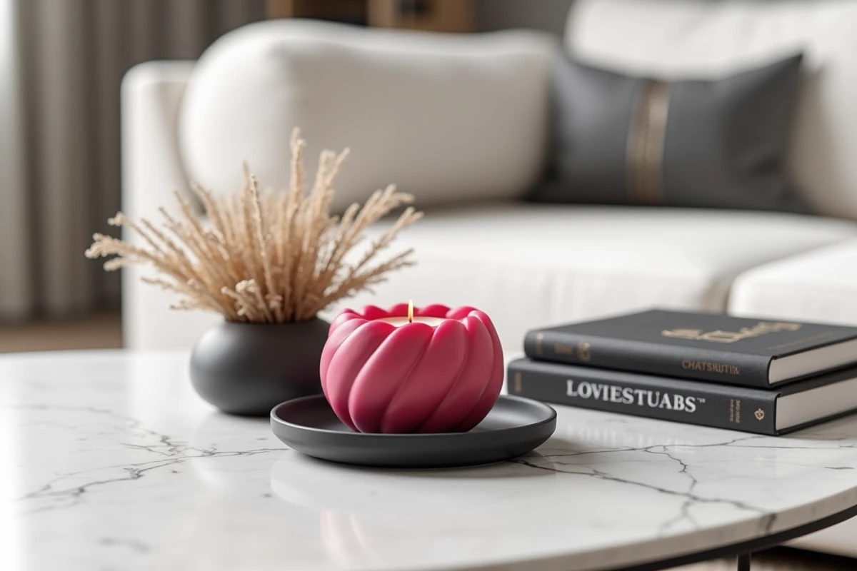 Détail de table basse en marbre blanc dans un salon noir et blanc avec bougeoir rose framboise et herbes de la pampa séchées