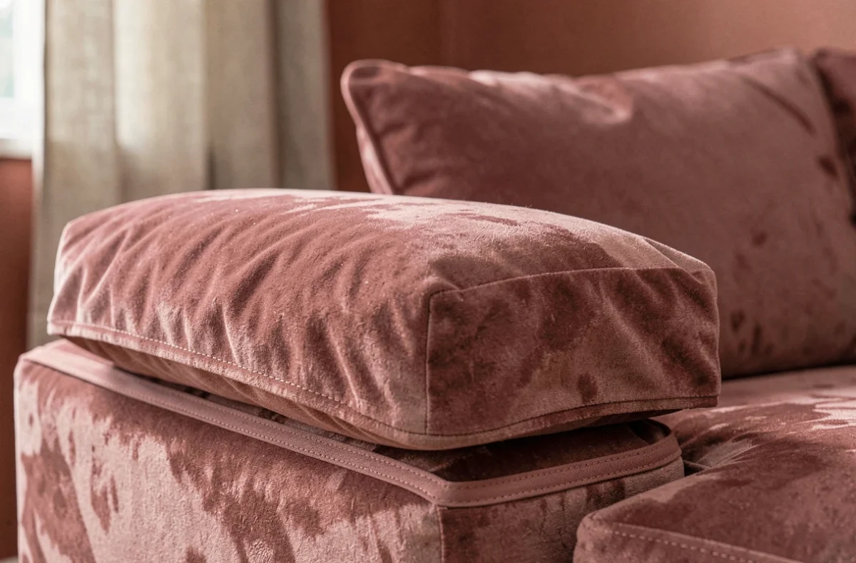 Gros plan sur la texture velours rose poudré d'une housse de canapé d'angle avec surpiqûres et bande élastique