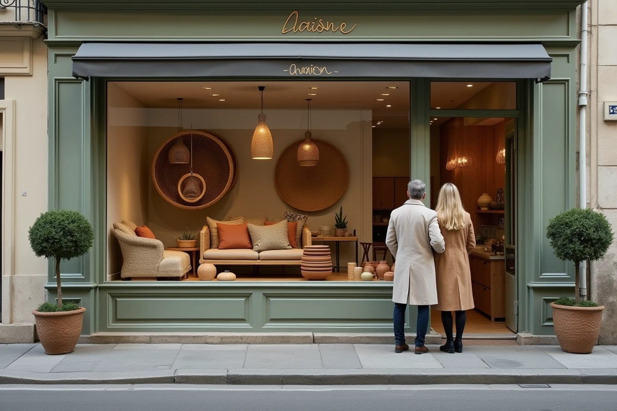 Devanture d'un magasin de décoration à Lyon avec vitrine aménagée, couple regardant les objets de décoration maison exposés