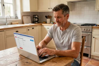 Homme consultant un devis de travaux en ligne sur son ordinateur portable dans une cuisine en rénovation