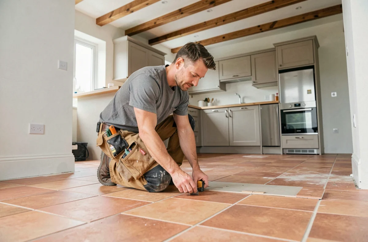 Artisan de DMS Dominique Multi Services posant du carrelage dans une cuisine rénovée en Charente