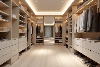 Grand dressing 2 personnes avec sections symétriques et rangements ouverts en bois blanc