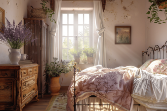 Chambre décorée dans un style campagne française avec des couleurs douces
