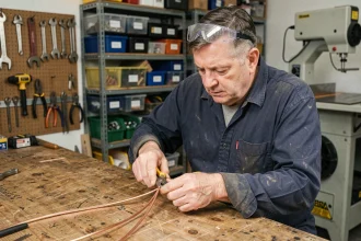 Électricien en atelier dénudant un câble électrique de section 6mm² pour l'installation d'un gros outil sur établi en bois