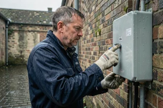 Électricien inspectant un boîtier électrique étanche IP44 sur mur en briques sous la pluie