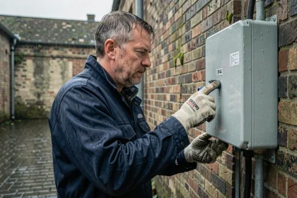 Électricien inspectant un boîtier électrique étanche IP44 sur mur en briques sous la pluie